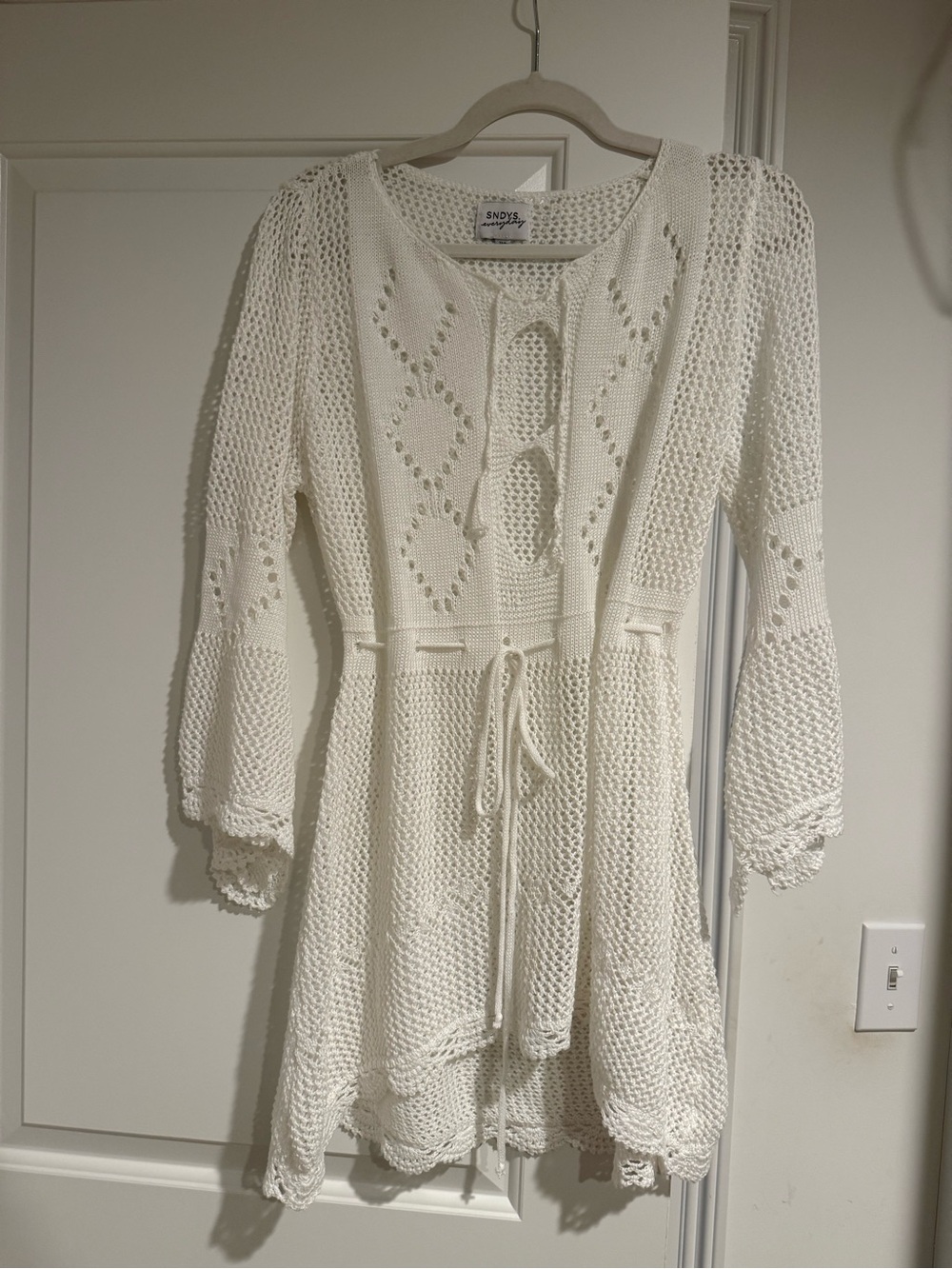 White Crochet Tie-Waist Coverup Sweater Dress